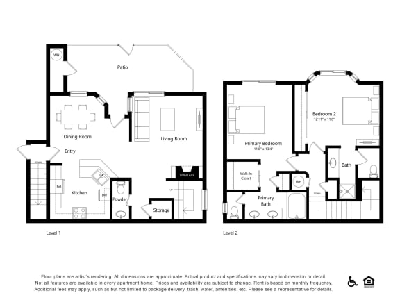 a floor plan of a house with two bedrooms and two bathrooms