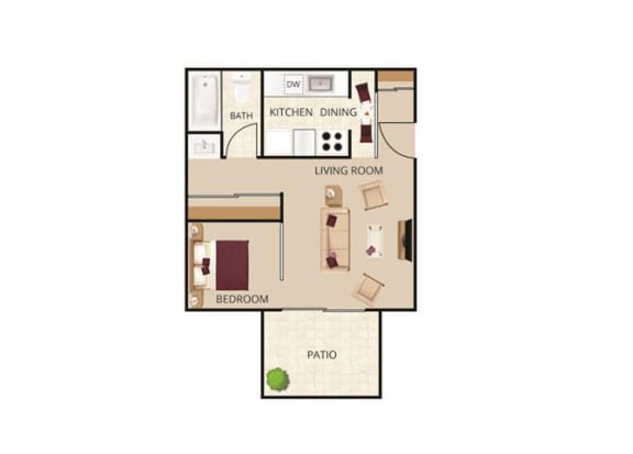 2D, overhead illustration of 1-Bedroom floor plan showing living room, 2 bedrooms, kitchen/dining, bath and patio