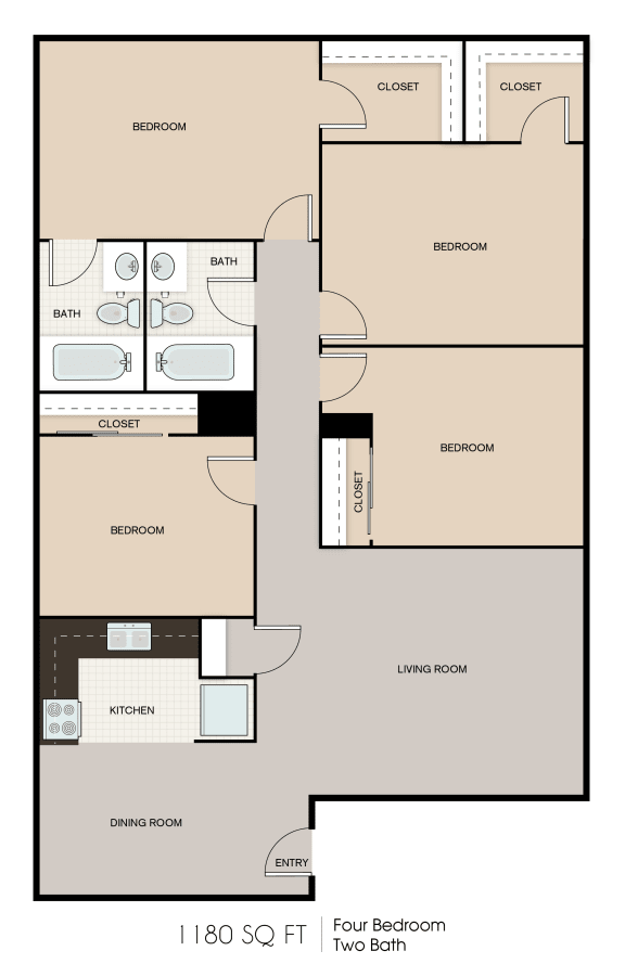 1180 SQFT 4 Bed 2 Bath