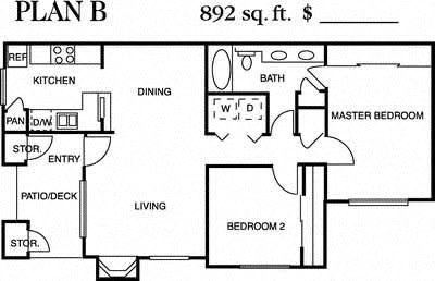 Two bedroom one bathroom B floor plan at Deerwood, Corona, CA, 92879