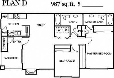 Two bedroom two bathroom D floor plan at Deerwood, Corona, 92879