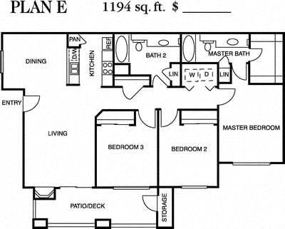 Three bedroom two bath E floor plan at Deerwood, Corona, California