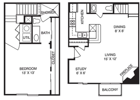 One bedroom one and a half bath T1 floor plan