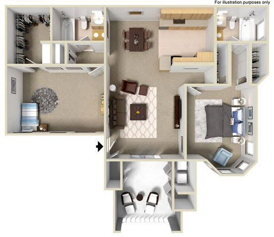 1050 sq.ft. E 2x2 Floorplan 1050 sq.ft. E 2x2, 3d Floorplan, at Sunbow Villas, 750 Paso De Luz, CA