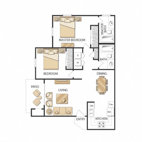 865 sq.ft. Plan B - Two Bedrooms - Renovated Floor Plan, at Altair, CA, 92029