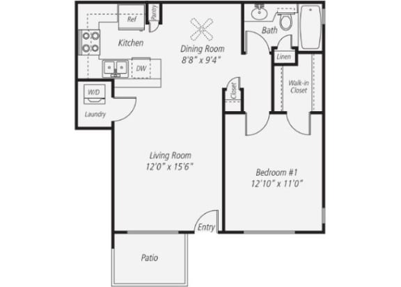 670 sq.ft. One Bedroom Renovated Floor plan, at Park Pointe, 2450 Hilton Head Place