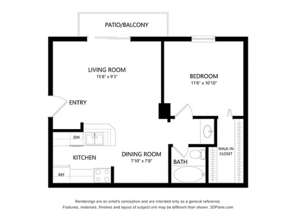 1 Bed 1 Bath 567 sq ft floorplan layout
