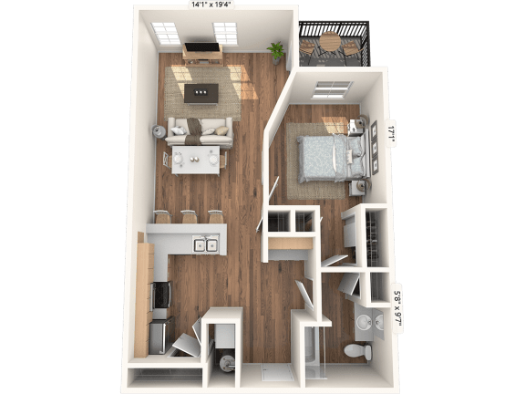 One Bedroom Floor Plan at The Pacifica Apartments, Washington, 98409