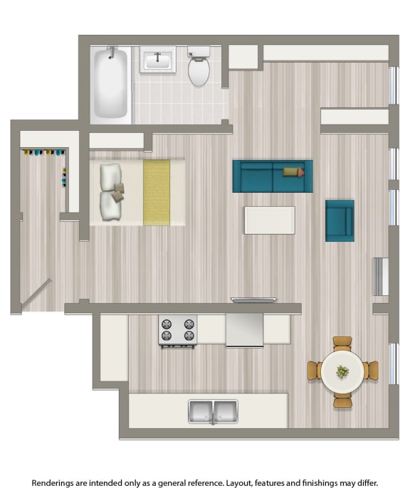 klingle studio apartment floor plan rendering