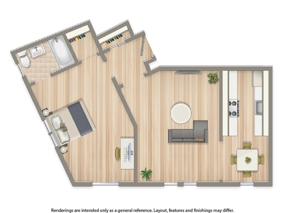 klingle one bedroom apartment floor plan rendering