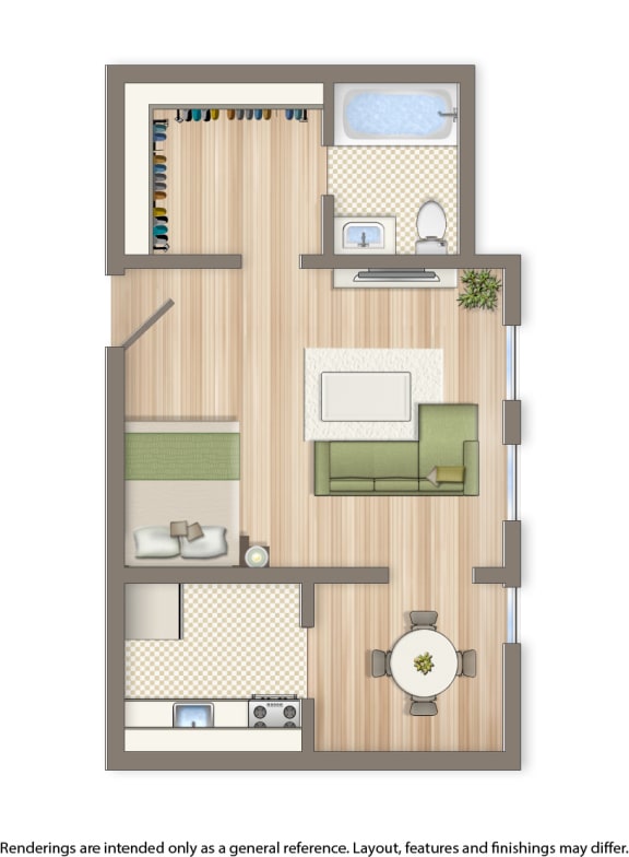 meridian park studio apartment floor plan rendering
