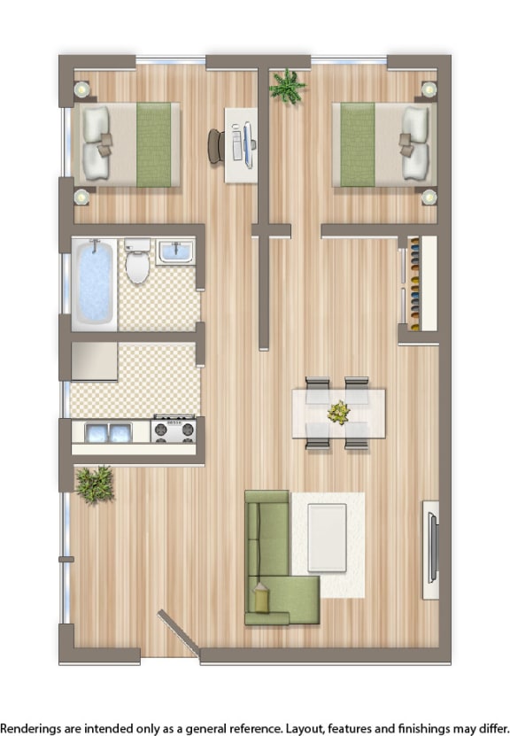 new horizon two bedroom apartment floor plan rendering