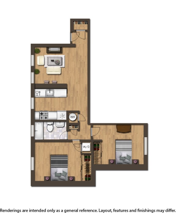 the oaks apartments two bedroom floor plan rendering