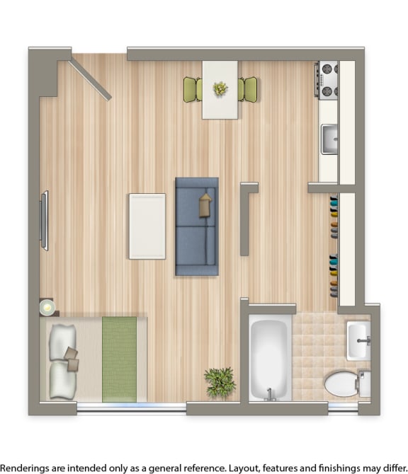sherry hall studio apartment floor plan rendering