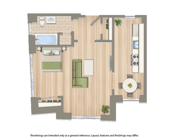studio floor plan rendering at the dahlia apartments in washington dc