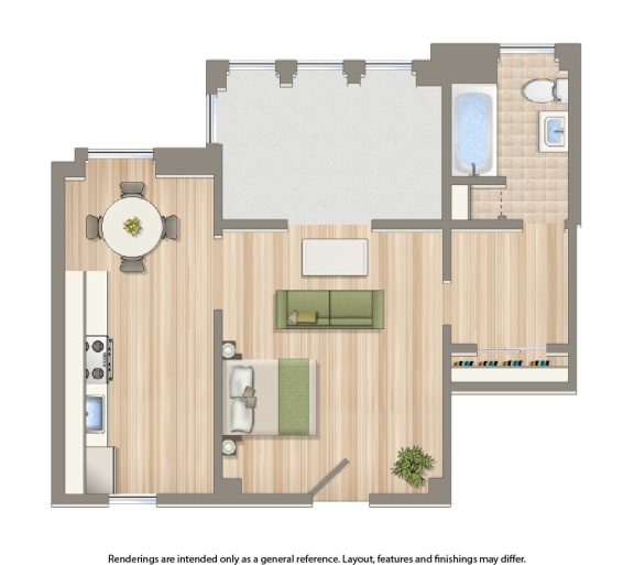 studio apartment floor plan rendering at the dahlia apartments in washington dc