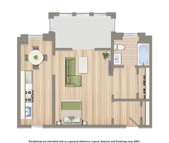 studio apartment floor plan rendering at the dahlia apartments in washington dc