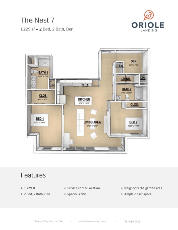 Floor Plan  2 bedroom 2 bathroom floor plan F at Oriole Landing, Lincoln, MA, 01773