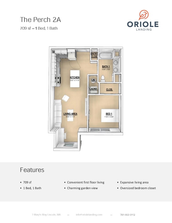 1 bedroom 1 bathroom floor plan I at Oriole Landing, Lincoln, MA, 01773