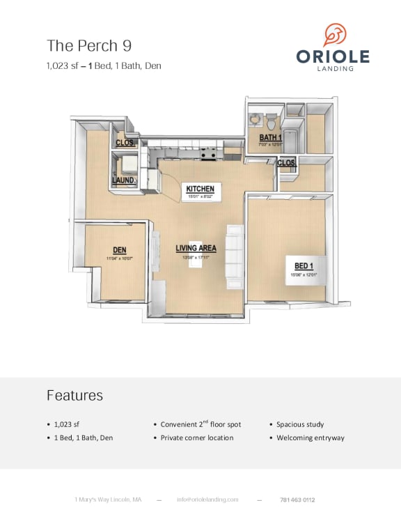 1 bedroom 1 bathroom floor plan G at Oriole Landing, Lincoln, MA, 01773