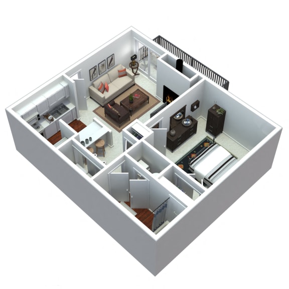 3-D 1 bedroom floorplan