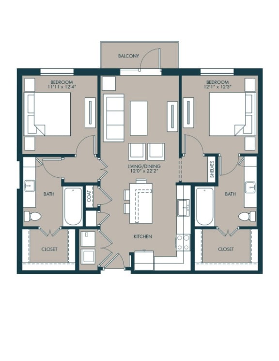 2 bedroom, 2 bath floor plan
