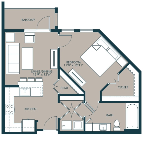 Floor Plan  1 bedroom floorplan with 705 square feet