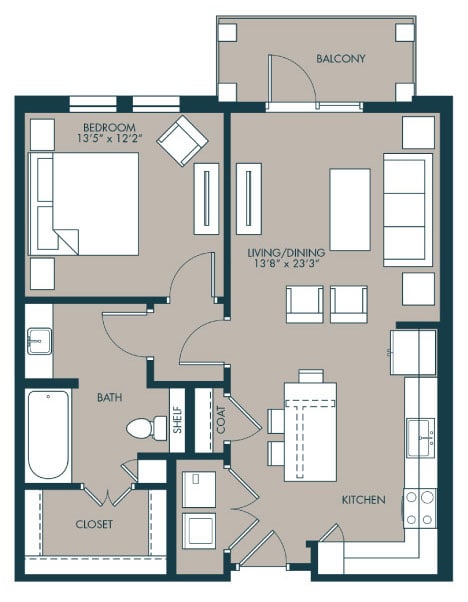 Floor Plan  1 bedroom floorplan with 810 square feet