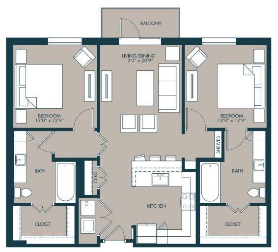 2 bedroom floorplan with 1140 square feet