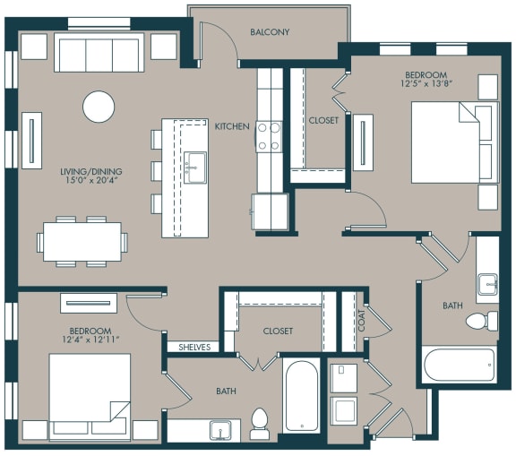 2 bedroom floorplan with 1235 square feet