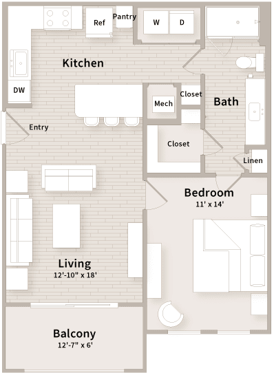 A1 floorplan which is a 1 bedroom, 1 bath apartment