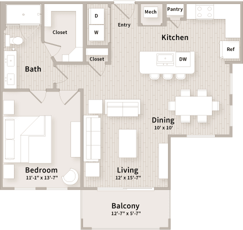 A3 floorplan which is a 1 bedroom, 1 bath apartment