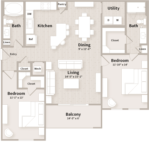 Floor Plan  B2 floorplan which is a 2 bedroom, 2 bath apartment