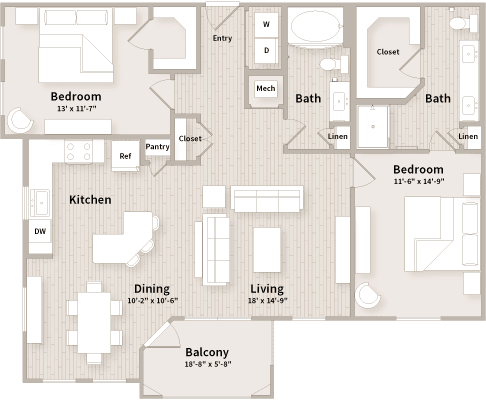Floor Plan  B3 floorplan which is a 2 bedroom, 2 bath apartment