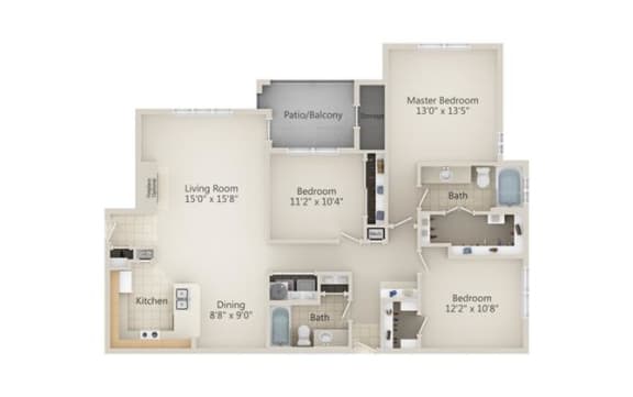 1388 Square-Feet 3 bedroom 2 bathroom Amsterdam Floor Plan at Centerview at Crossroads, North Carolina, 27609