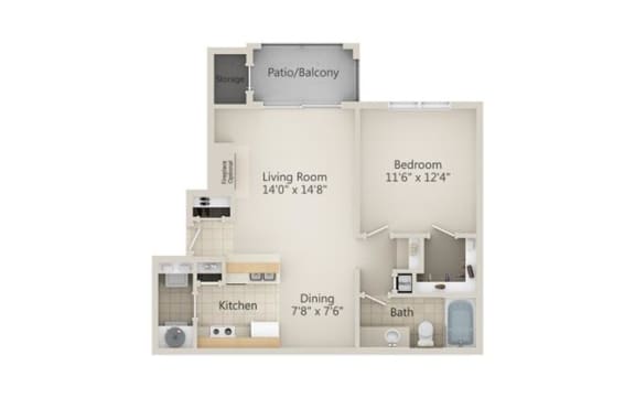 1 bedroom 1 bathroom Athens Floor Plan at Centerview at Crossroads, Raleigh, NC, 27609