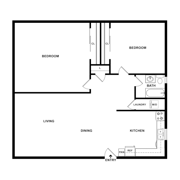 2D - 2 bedroom floor plan at Serrano Apartments, West Covina, CA, 91790