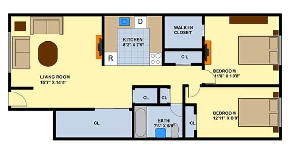 2 Bed 1 Bath Floorplan 2 Bed 1 Bath Floorplan at Brookwood at Ridge, Ridge
