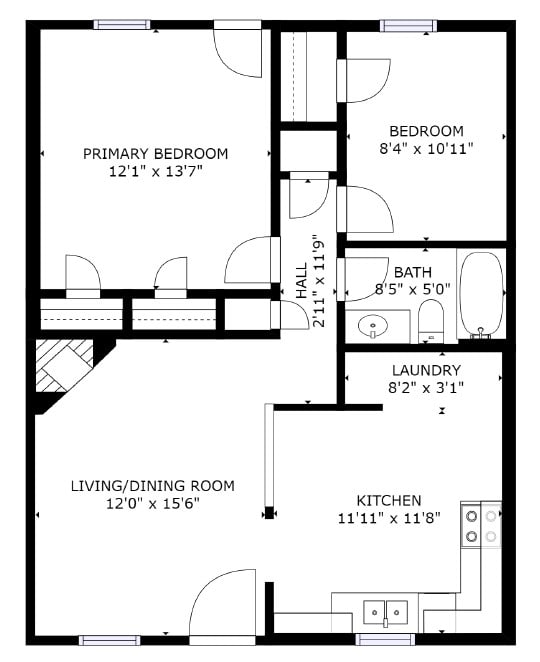 Black and White Floor Plan 2 Bedrooms 1 Bathroom