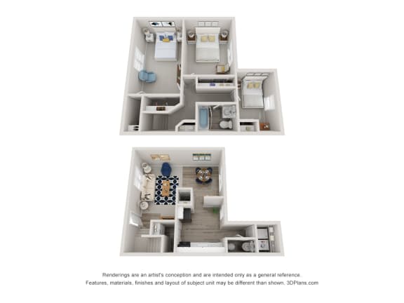 3 bedroom 1.5 bathroom floor plan a at The Life at Green Arbor, Columbus, Ohio
