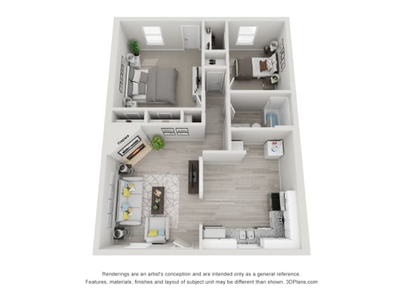 3D Floorplan 2 Bedrooms 1 Bathroom