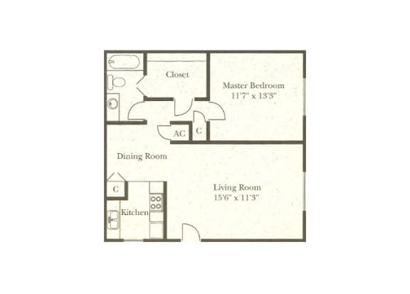1 bedroom 1 bathroom floor plan at Wellington Estates in San Antonio, TX