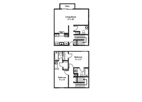 2 bedroom 1-a-half bathroom floor plan at Wellington Estates in San Antonio, TX