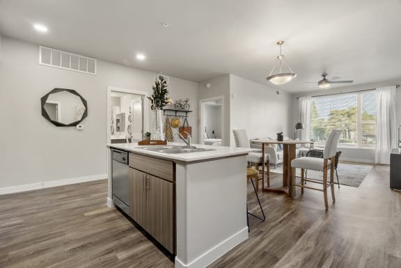 Kitchen and dining area at V on Broadway Apartments in Tempe AZ November 2020
