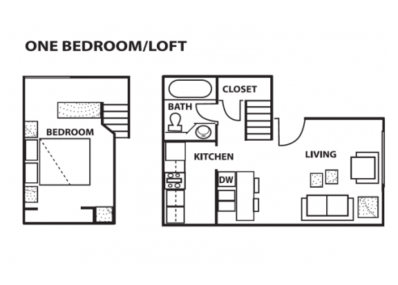 One bedroom loft floor plan at Cinnamon Tree Apartments in Albuquerque, MN