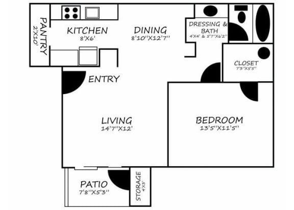 Floor Plan  Saguaro Villas 1 bedroom 1 bathroom apartments for rent floor plan Tucson, AZ
