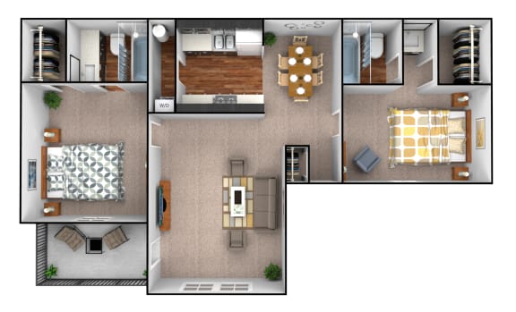 Two bed, two bath 841 sq ft.
