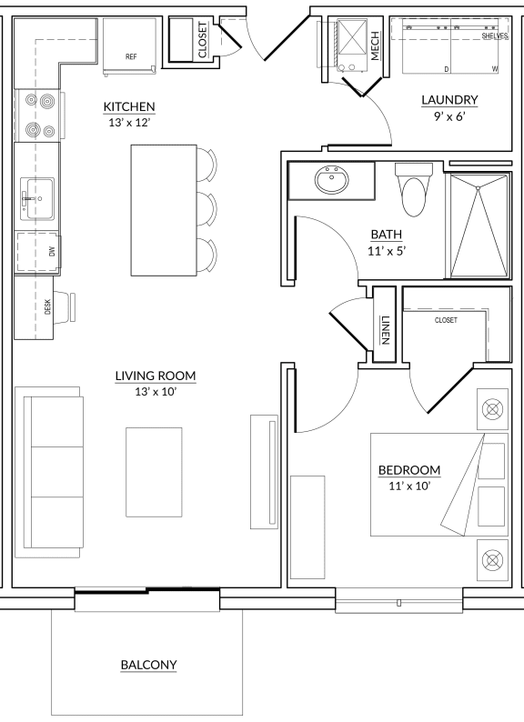 Wedgewood Style A - 1 bed, 1 bath apartment floor plan