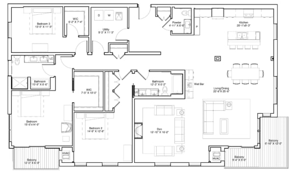 Vintage on Selby | Ingrid - Jr. Penthouse| Three Bedroom Junior Penthouse Apartment 3D Floorplan