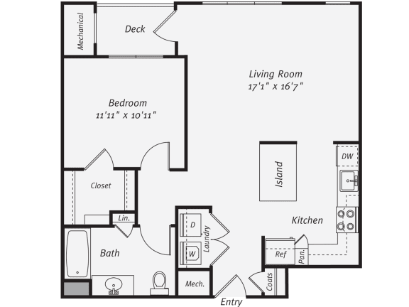 1 Bedroom 1 bathroom floor plan A at Cascades at Tinton Falls, Tinton Falls, NJ, 07753